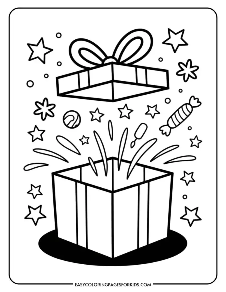 Outline drawing of an open gift box with a bow on its lid, surrounded by stars, a ball, and a candy, with lines indicating motion and excitement.