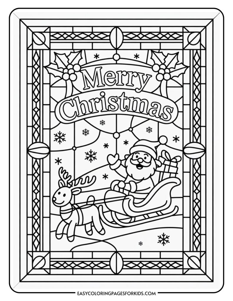 A Christmas-themed coloring page featuring Santa Claus in a sleigh pulled by a reindeer, with the text 'Merry Christmas' above. The background includes snowflakes and holly leaves, framed by a decorative border.