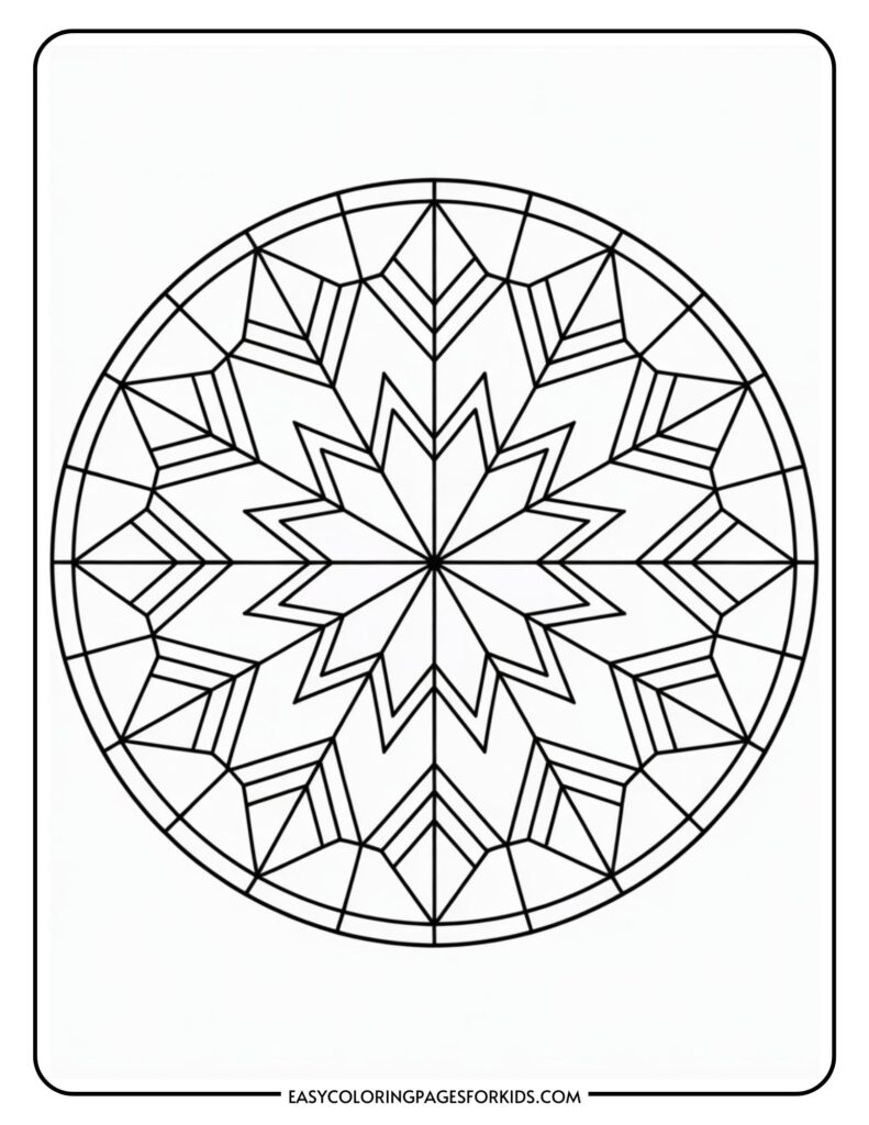 A black and white mandala with geometric shapes, featuring a symmetrical star pattern in the center, framed by a circular border.