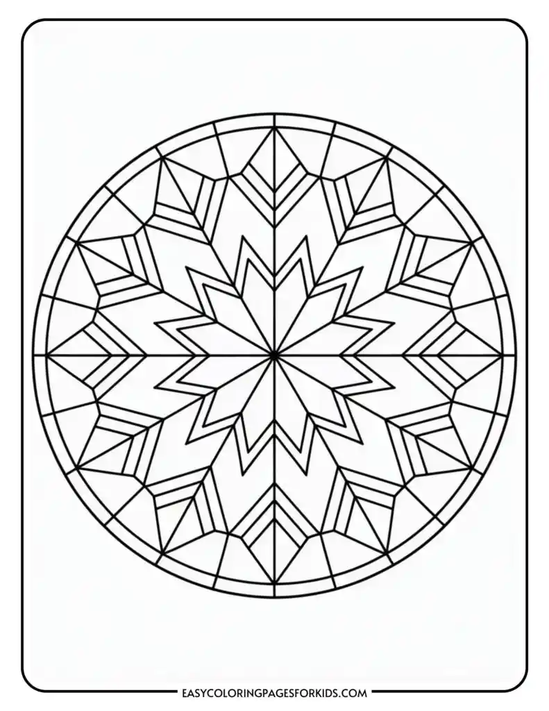 A black and white mandala with geometric shapes, featuring a symmetrical star pattern in the center, framed by a circular border.