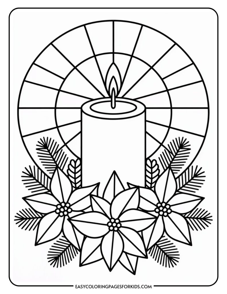 Black and white coloring page of a candle with a flame, surrounded by poinsettia flowers and pine branches, set against a circular rays background.