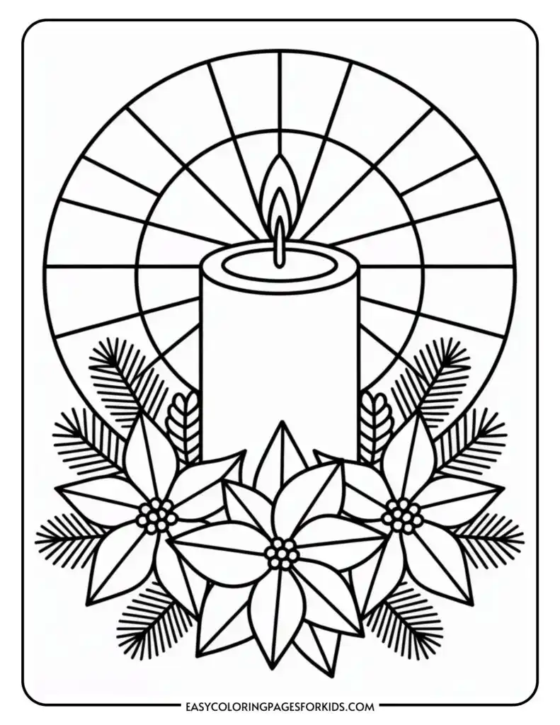 Black and white coloring page of a candle with a flame, surrounded by poinsettia flowers and pine branches, set against a circular rays background.
