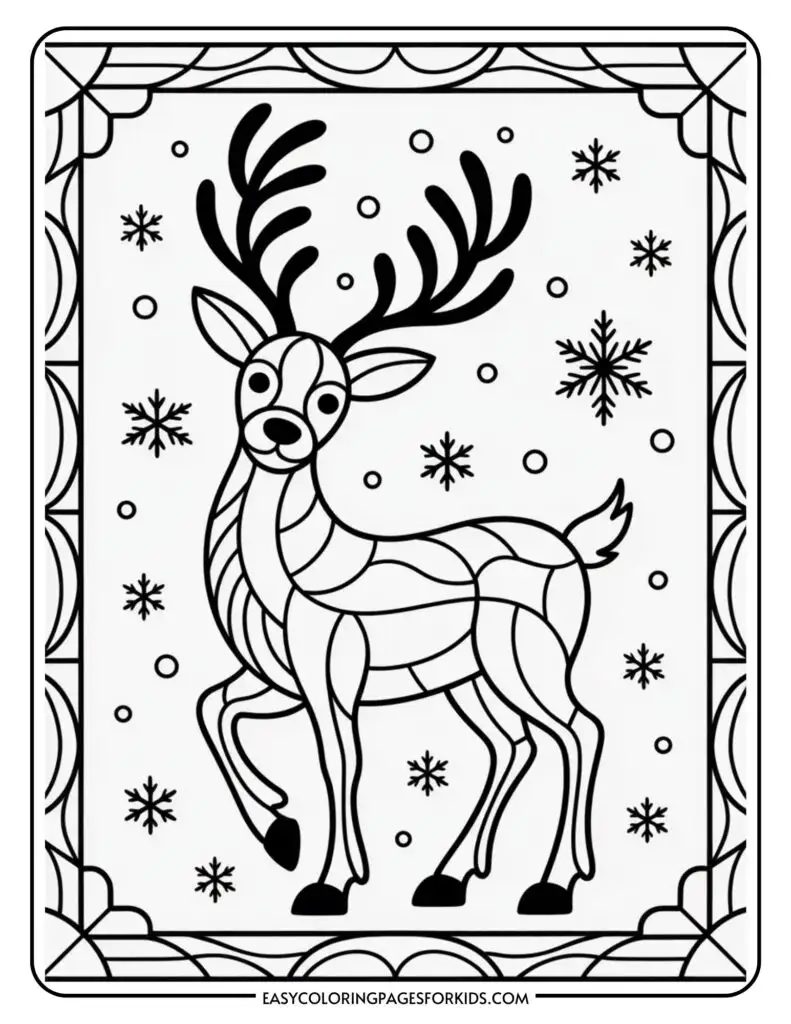 A coloring page featuring an outlined reindeer with large antlers, surrounded by snowflakes and dots, set within a decorative border.