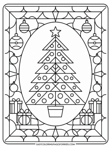 A black and white Christmas-themed coloring page featuring a geometric Christmas tree with circular ornaments and a star on top, surrounded by gift boxes and hanging baubles, all enclosed in a decorative border.