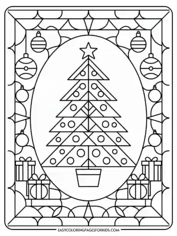 A black and white Christmas-themed coloring page featuring a geometric Christmas tree with circular ornaments and a star on top, surrounded by gift boxes and hanging baubles, all enclosed in a decorative border.