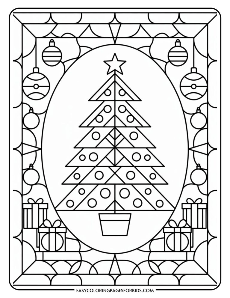 A black and white Christmas-themed coloring page featuring a geometric Christmas tree with circular ornaments and a star on top, surrounded by gift boxes and hanging baubles, all enclosed in a decorative border.