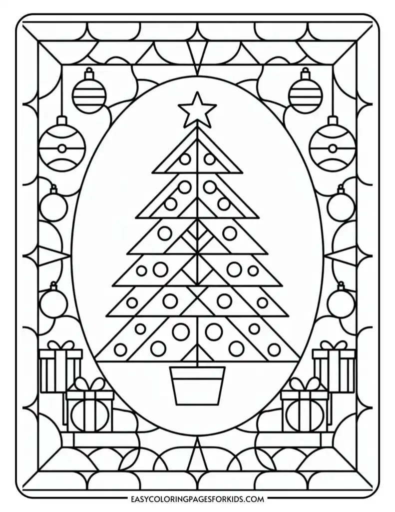 A black and white Christmas-themed coloring page featuring a geometric Christmas tree with circular ornaments and a star on top, surrounded by gift boxes and hanging baubles, all enclosed in a decorative border.