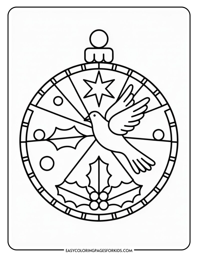 A coloring page featuring a holiday ornament design with a dove in the center, surrounded by holly leaves, berries, and a star pattern, suitable for kids.