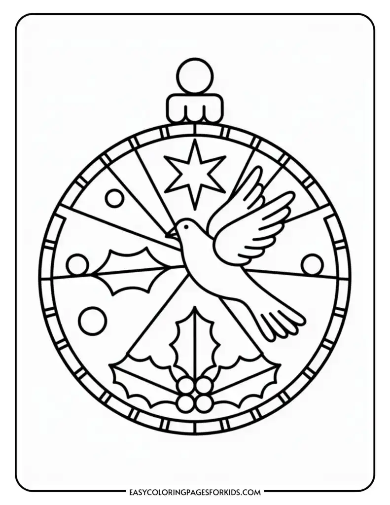 A coloring page featuring a holiday ornament design with a dove in the center, surrounded by holly leaves, berries, and a star pattern, suitable for kids.