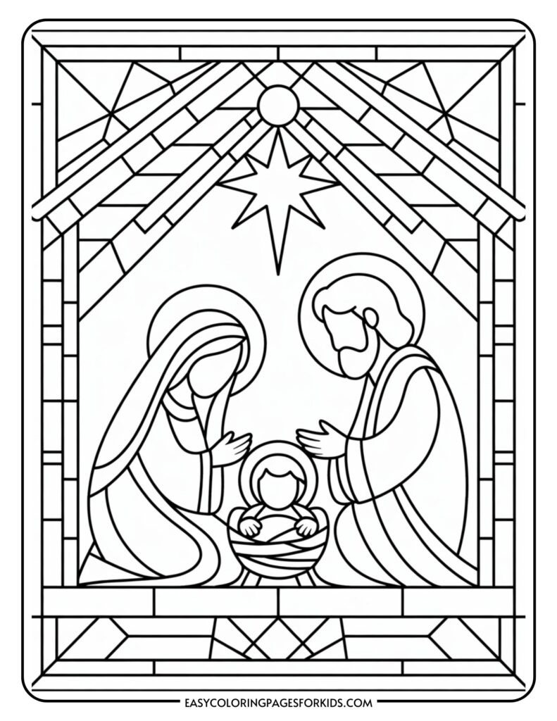 A stained glass coloring page depicting the Nativity scene with Mary and Joseph kneeling beside baby Jesus in a manger, under a star within a stable structure.