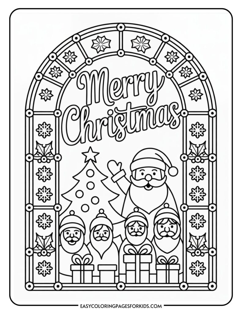 A Christmas-themed coloring page featuring Santa Claus, a Christmas tree, and four elves with presents, framed by a decorative border with snowflakes and holly. The words "Merry Christmas" are displayed at the top.