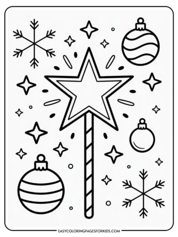 Black and white Christmas-themed coloring page featuring a star wand surrounded by snowflakes, stars, and Christmas ornaments.