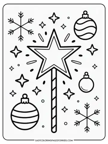 Black and white Christmas-themed coloring page featuring a star wand surrounded by snowflakes, stars, and Christmas ornaments.