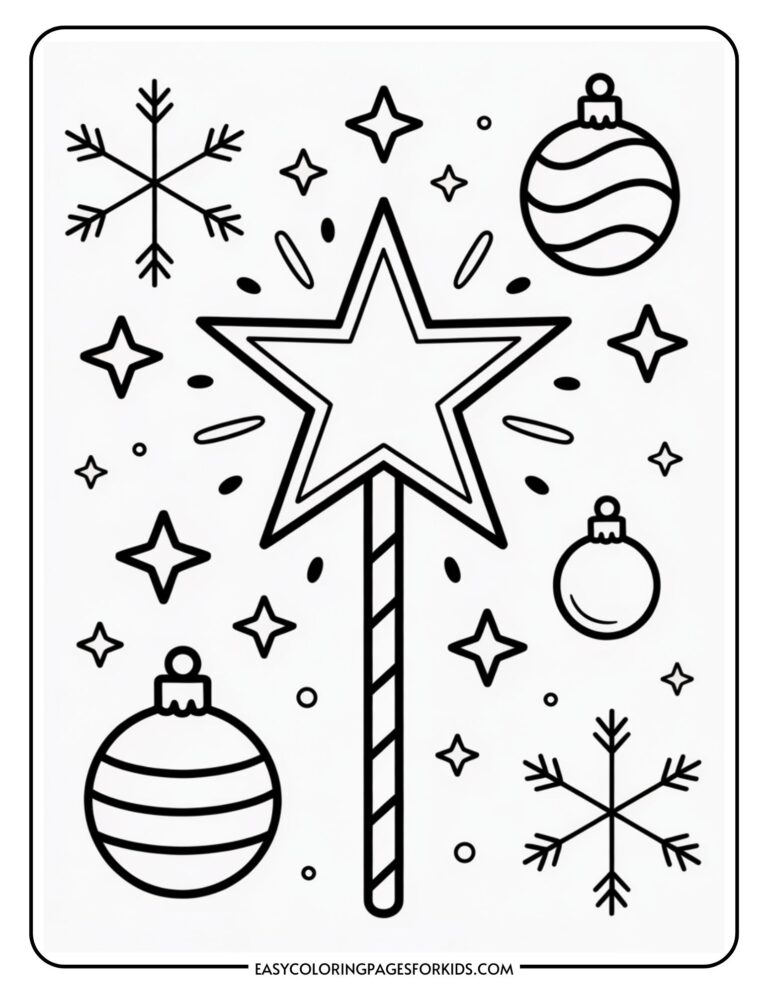 Black and white Christmas-themed coloring page featuring a star wand surrounded by snowflakes, stars, and Christmas ornaments.