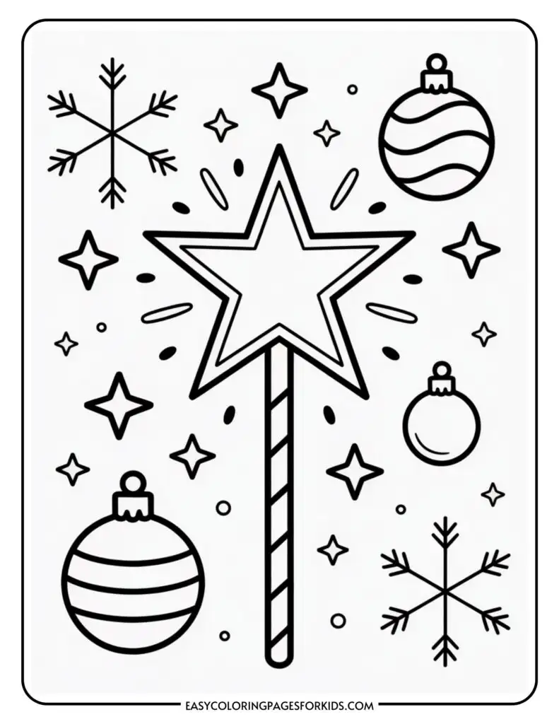 Black and white Christmas-themed coloring page featuring a star wand surrounded by snowflakes, stars, and Christmas ornaments.