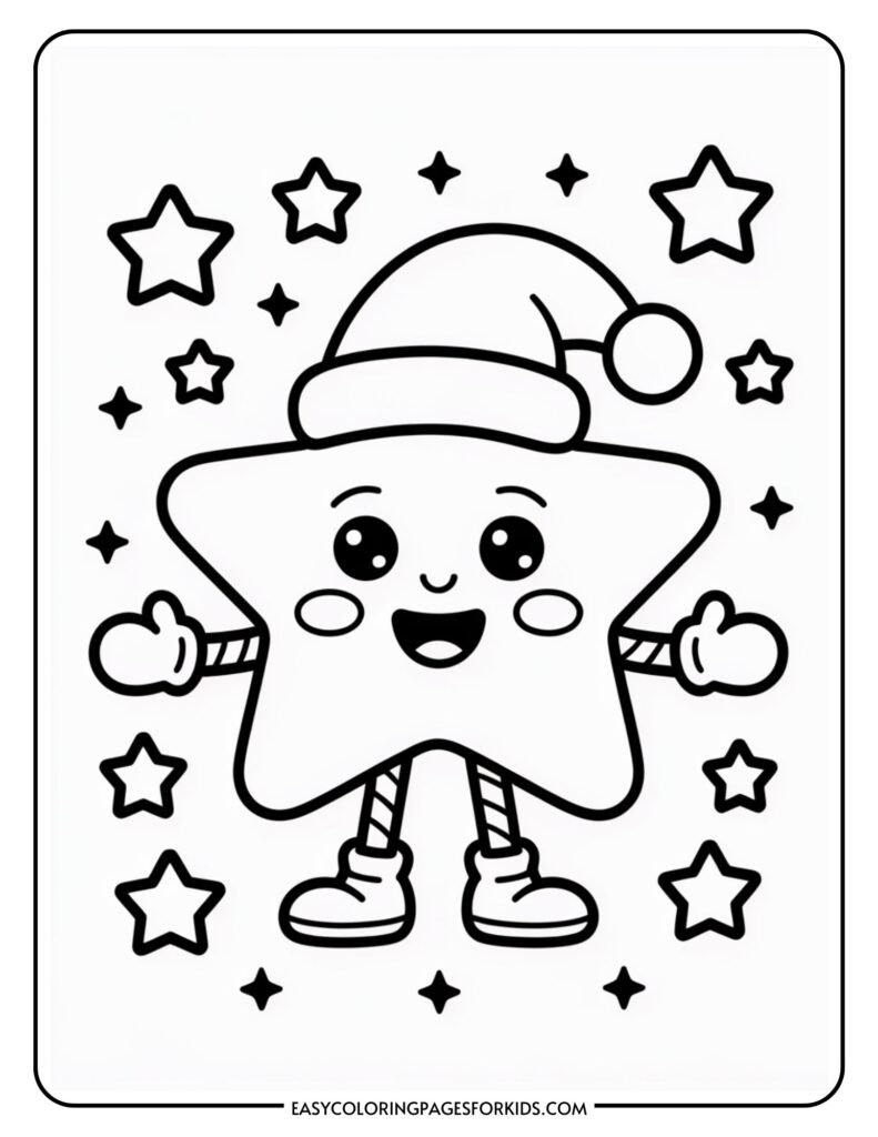 A cartoon star character wearing a festive Santa hat, gloves, and striped socks, surrounded by smaller stars in a cheerful scene.