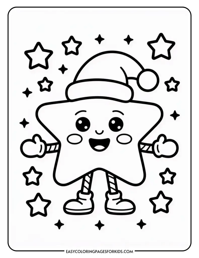 A cartoon star character wearing a festive Santa hat, gloves, and striped socks, surrounded by smaller stars in a cheerful scene.