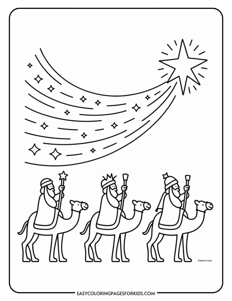 Three wise men riding camels, following a bright star with a trail in the night sky.
