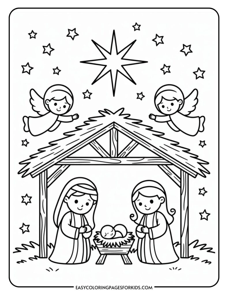 A black and white nativity scene coloring page featuring a stable with a baby in a manger, flanked by two figures. Two angels hover above, with a large star and several smaller stars in the sky.