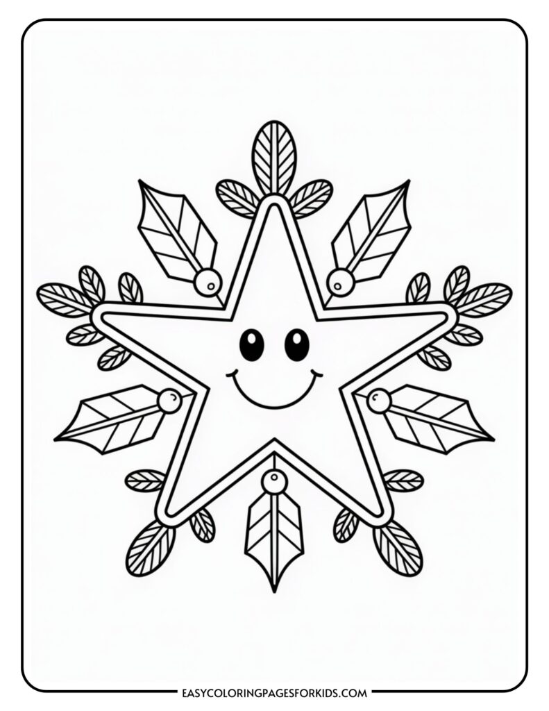 A line drawing of a smiling star with a face surrounded by decorative leaves and holly, suitable for coloring.