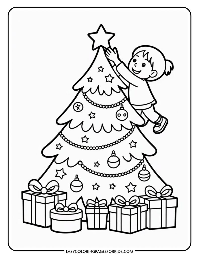 A coloring page featuring a child reaching to place a star on top of a decorated Christmas tree, surrounded by various wrapped gifts at the base of the tree.