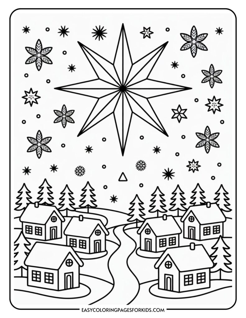 Black and white coloring page of a winter scene featuring a large star in the sky, surrounded by smaller stars and snowflakes. Below, a row of small houses with chimneys is nestled among snowy hills and pine trees.