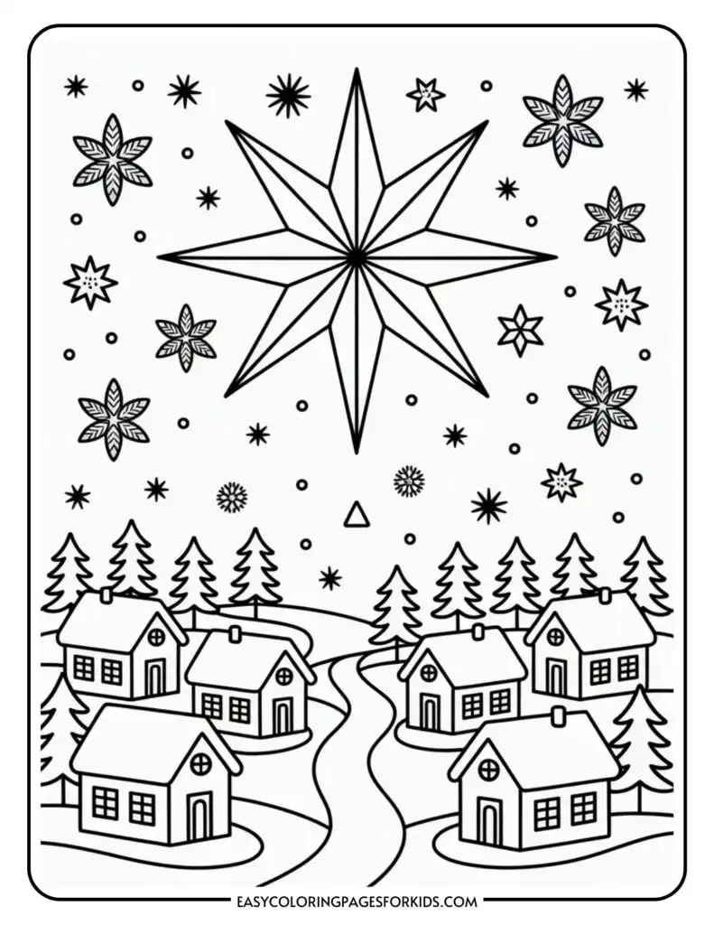 Black and white coloring page of a winter scene featuring a large star in the sky, surrounded by smaller stars and snowflakes. Below, a row of small houses with chimneys is nestled among snowy hills and pine trees.