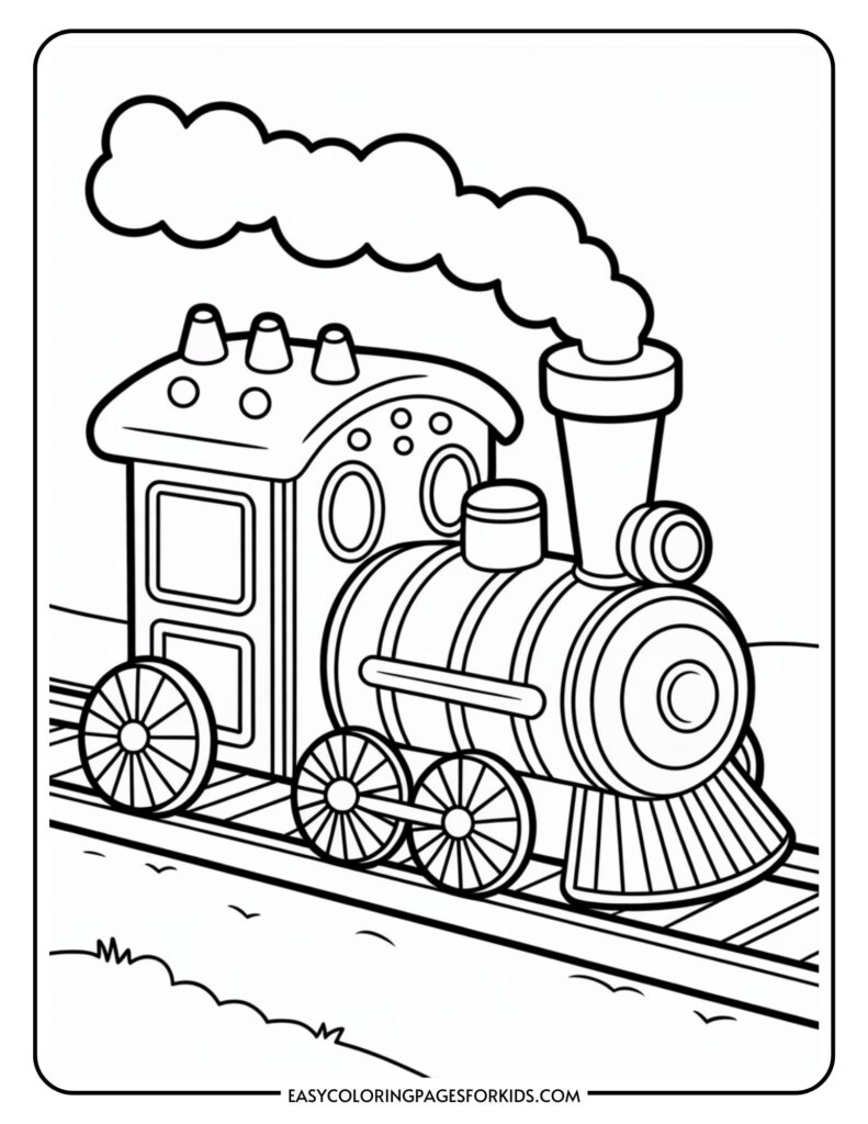 A black and white illustration of a steam locomotive with a large chimney emitting smoke, featuring detailed wheels and a classic design, set on train tracks.