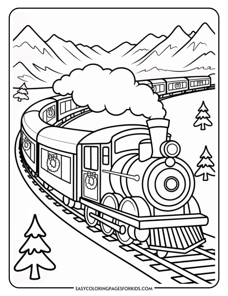 A coloring page featuring a steam locomotive train with wreaths on its carriages, traveling through a snowy mountainous landscape with pine trees.