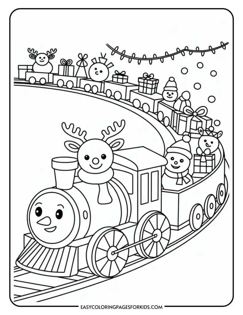 A coloring page featuring a festive train with a smiling reindeer head on the locomotive. The train is filled with holiday gifts and snowmen, and is decorated with string lights and snowflakes.