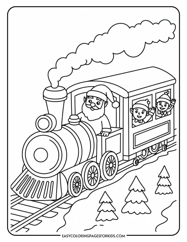 A coloring page featuring Santa Claus driving a steam train with smoke billowing from the chimney, as two elves wave from the train car behind him. The scene includes pine trees and a hilly landscape.