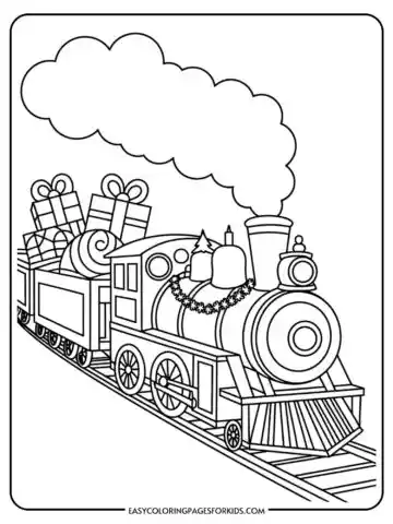 A coloring page of a festive train with a wreath on the front and smoke billowing from the smokestack, carrying wrapped gifts on a snowy track.