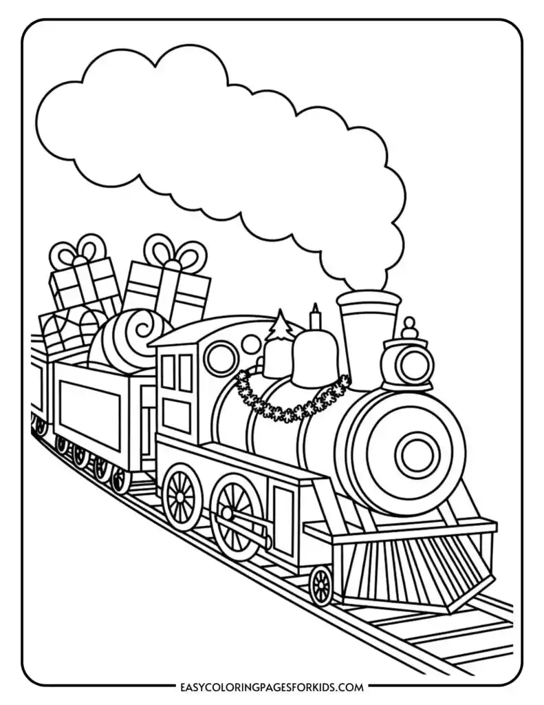 A coloring page of a festive train with a wreath on the front and smoke billowing from the smokestack, carrying wrapped gifts on a snowy track.