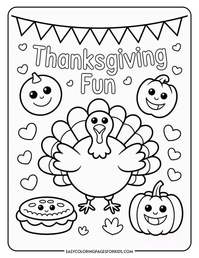 A coloring page featuring a turkey in the center surrounded by smiling pumpkins and a pie, with the words "Thanksgiving Fun" at the top and decorative hearts and bunting overhead.