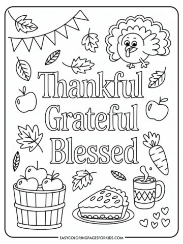 A Thanksgiving-themed coloring page featuring the words 