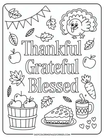 A Thanksgiving-themed coloring page featuring the words