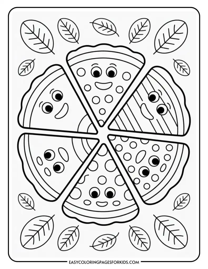 A black and white coloring page featuring five cartoon pizza slices with smiling faces arranged in a circular pattern, surrounded by outlined leaves.