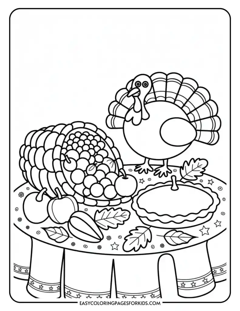 A coloring page featuring a turkey next to a cornucopia overflowing with fruits and vegetables, placed on a decorated table alongside a pie and autumn leaves.
