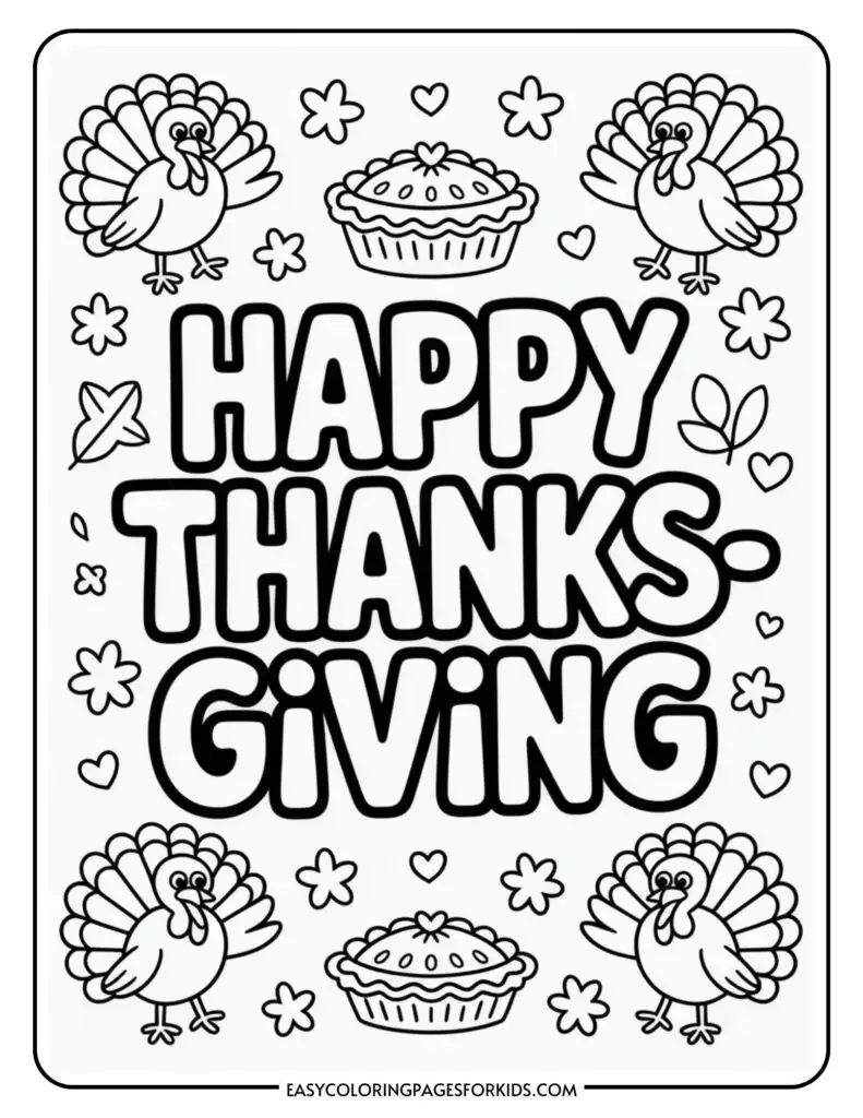 Coloring page with the words "Happy Thanksgiving" in bold letters surrounded by cartoon turkeys, pies, and decorative stars and leaves.