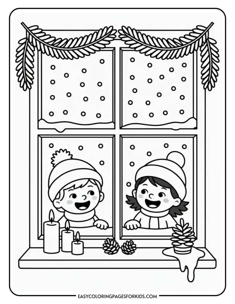 Two children wearing winter hats look out a window at falling snowflakes, with candles and pinecones on the windowsill and winter garlands above.