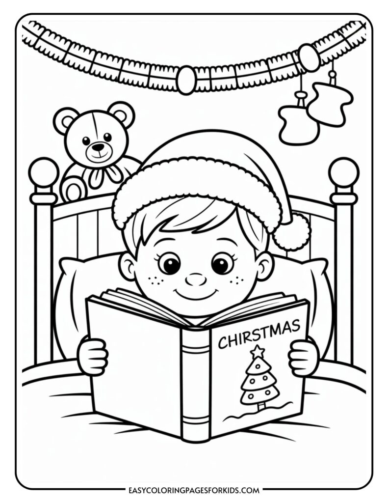 A coloring page depicting a child wearing a Christmas hat, reading a book titled "Christmas" while sitting in bed. A teddy bear sits on the bed's headboard, and Christmas stockings and garland are hung above.