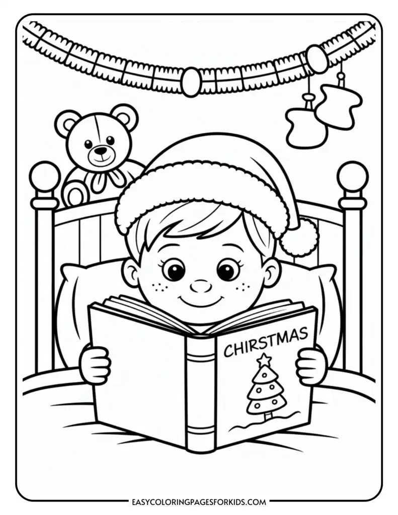 A coloring page depicting a child wearing a Christmas hat, reading a book titled "Christmas" while sitting in bed. A teddy bear sits on the bed's headboard, and Christmas stockings and garland are hung above.