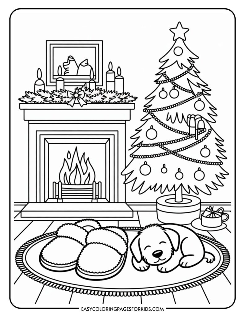 A coloring page depicting a cozy Christmas scene with a fireplace adorned with candles and greenery, a decorated Christmas tree with ornaments and a star, a gift box, slippers on a rug, and a sleeping puppy.