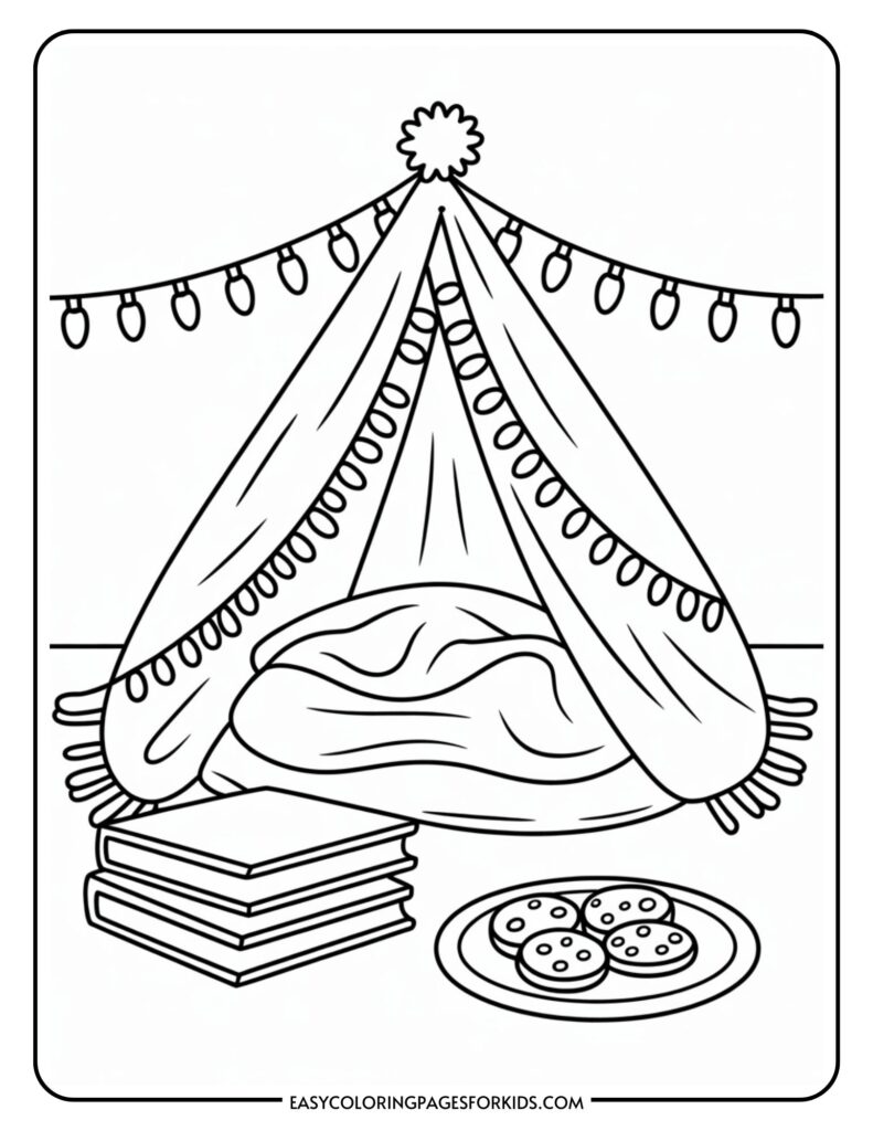 A coloring page featuring a cozy indoor tent decorated with string lights and a pom-pom at the top. Inside the tent, there is a pile of cushions. Beside the tent, there is a stack of books and a plate with cookies on the floor.