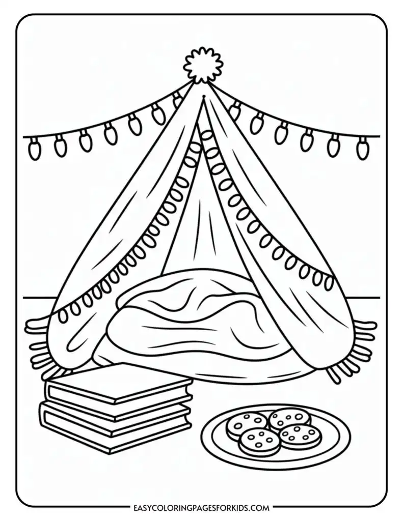 A coloring page featuring a cozy indoor tent decorated with string lights and a pom-pom at the top. Inside the tent, there is a pile of cushions. Beside the tent, there is a stack of books and a plate with cookies on the floor.