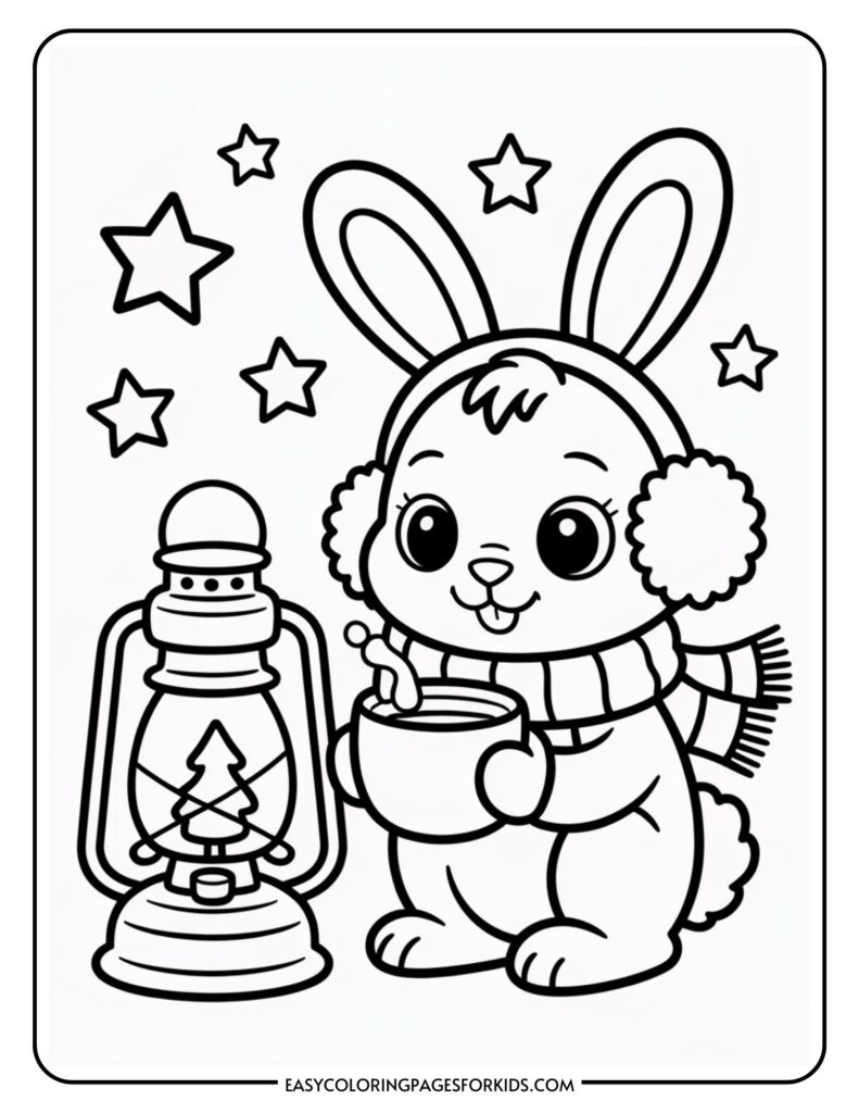 A cute cartoon rabbit wearing earmuffs and a scarf holds a cup next to a lantern with a tree design, surrounded by stars.