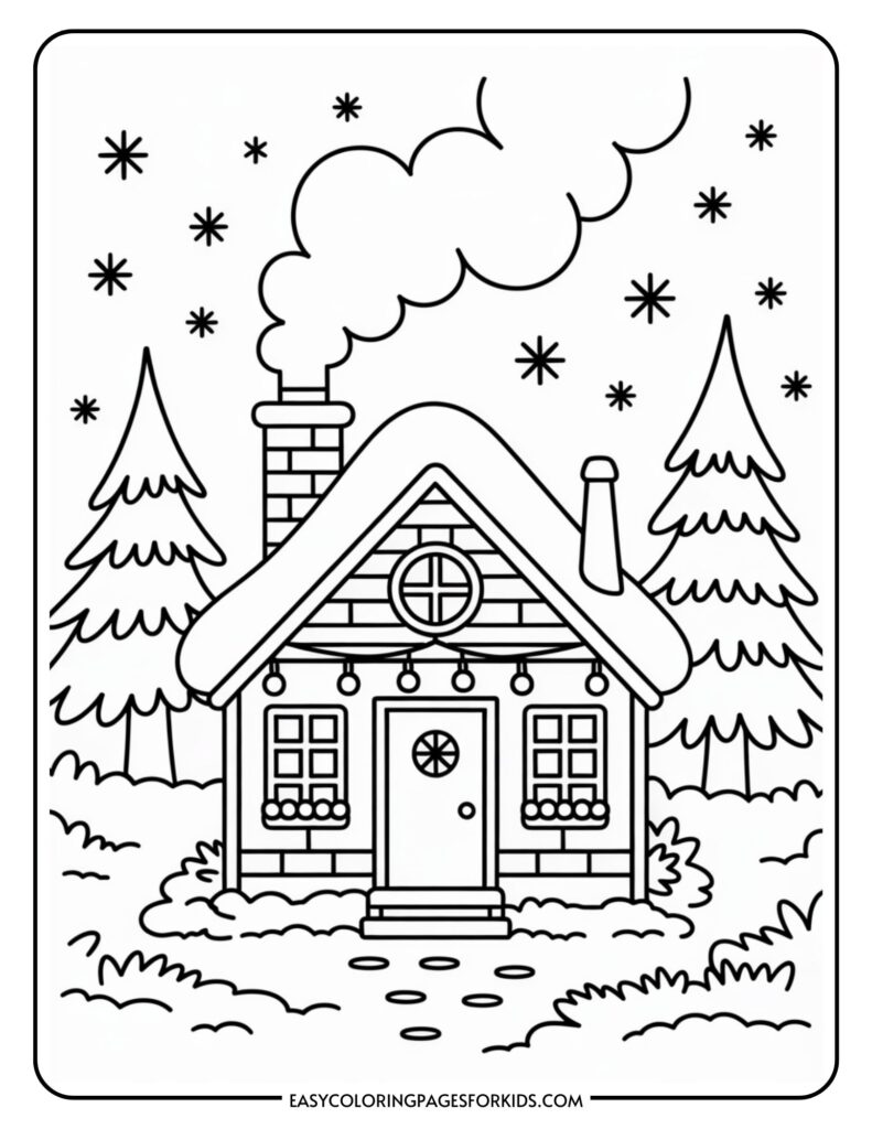 A black and white coloring page of a cozy house with a chimney, surrounded by snow and pine trees, with snowflakes falling from the sky.