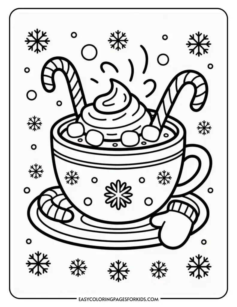 Black and white coloring page featuring a steaming cup of hot chocolate topped with whipped cream and marshmallows, two candy canes, a winter mitten, and snowflakes surrounding the cup.