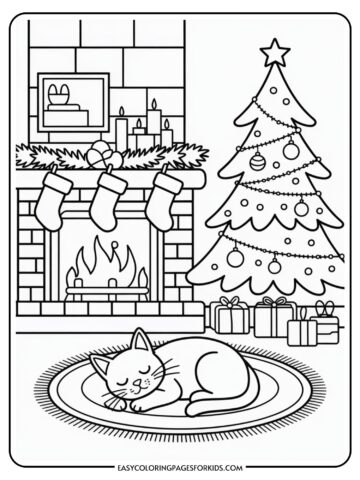 A coloring page featuring a cozy Christmas scene with a cat sleeping on a rug in front of a fireplace. The fireplace is adorned with three stockings and surrounded by candles and a garland. A decorated Christmas tree with ornaments and presents underneath is nearby.