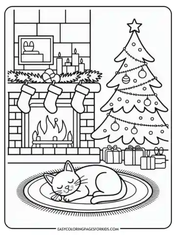 A coloring page featuring a cozy Christmas scene with a cat sleeping on a rug in front of a fireplace. The fireplace is adorned with three stockings and surrounded by candles and a garland. A decorated Christmas tree with ornaments and presents underneath is nearby.